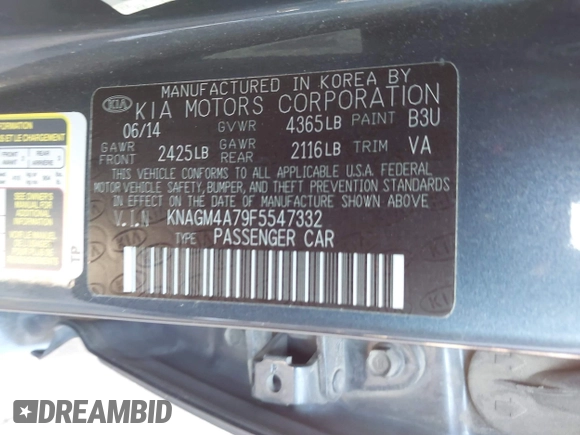 2015 Kia Optima LX with VIN KNAGM4A79F5547332, listed as a IAAI auction lot 42711552 with 154,318 mi miles and . Bid and sale history available at DreamBid. Image 9.