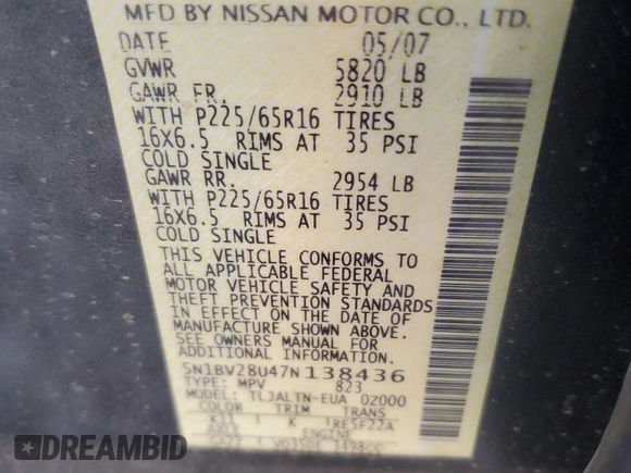 2007 Nissan Quest S with VIN 5N1BV28U47N138436, listed as a Copart auction lot 43546535 with 118,194 mi miles and Salvage Title. Bid and sale history available at carsss.com. Image 15.