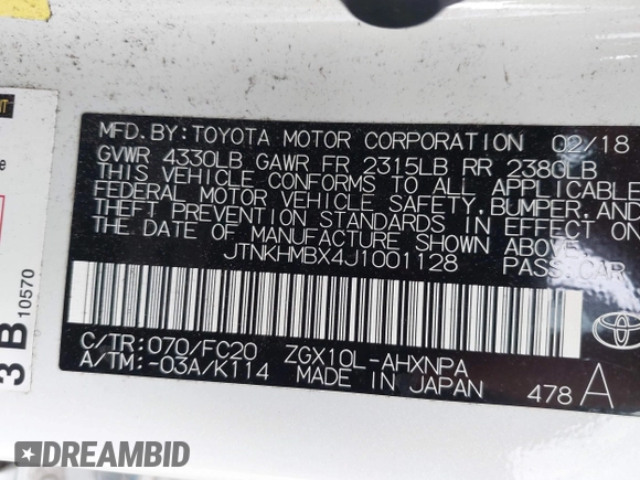 2018 Toyota C-HR XLE z VIN JTNKHMBX4J1001128, wystawiony jako IAAI lot #41957363 z przebiegiem 108 233 mil mil oraz . Historia ofert i sprzedaży dostępna na DreamBid. Obrazek 9.