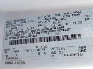 2010 Ford Econoline Cargo Commercial with VIN 1FTNE2EW9ADA03425, listed as a IAAI auction lot 41784156 with 224,731 mi miles and . Bid and sale history available at DreamBid. Image 9.