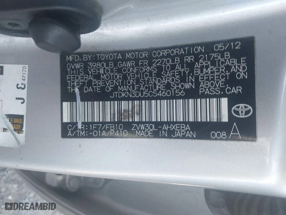 2012 Toyota Prius One with VIN JTDKN3DU5C5460156, listed as a IAAI auction lot 41804448 with 268570 miles. Bid and sale history available at carsss.com. Image 9.