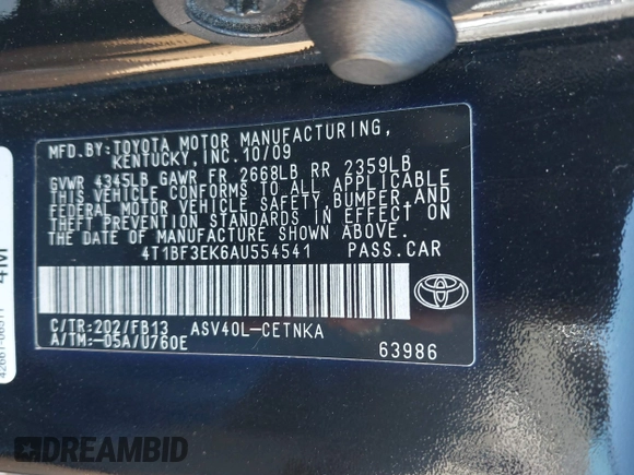 2010 Toyota Camry with VIN 4T1BF3EK6AU554541, listed as a IAAI auction lot 38719536 with 236,171 mi miles and . Bid and sale history available at DreamBid. Image 9.