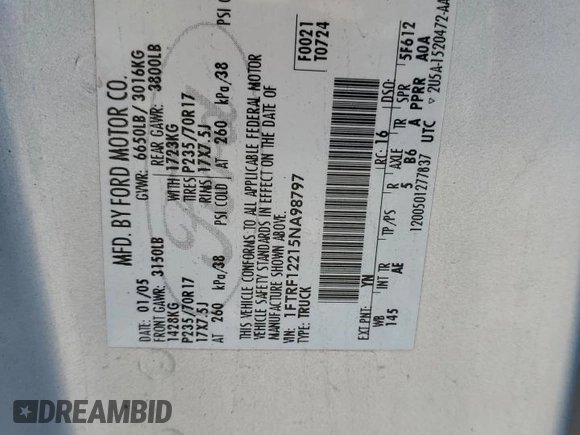 2005 Ford F-150 XL with VIN 1FTRF12215NA98797, listed as a Copart auction lot 60779175 with Not provided miles and Salvage title. Bid and sale history available at DreamBid. Image 12.
