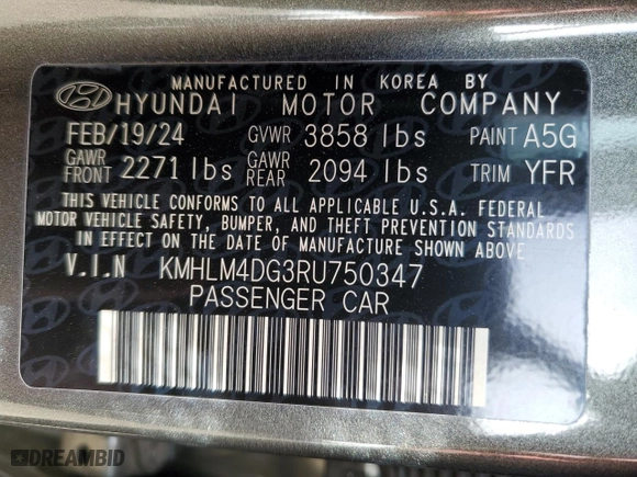 2024 Hyundai Elantra SEL with VIN KMHLM4DG3RU750347, listed as a Copart auction lot 43123485 with 799 mi miles and Clean Title. Bid and sale history available at carsss.com. Image 12.