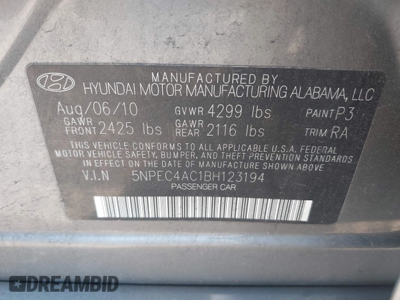 2011 Hyundai Sonata Limited with VIN 5NPEC4AC1BH123194, listed as a IAAI auction lot 41997823 with 187,897 mi miles and . Bid and sale history available at carsss.com. Image 9.