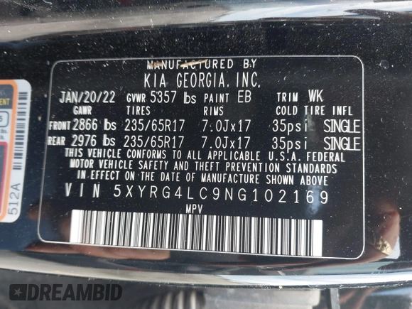 2022 Kia Sorento LX with VIN 5XYRG4LC9NG102169, listed as a IAAI auction lot 41709526 with 50,507 mi miles. Bid and sale history available at carsss.com. Image 9.