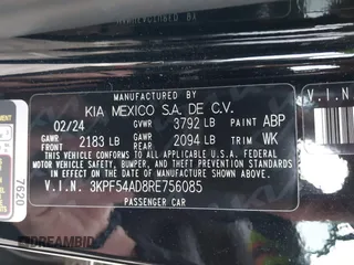 2024 Kia Forte GT-Line with VIN 3KPF54AD8RE756085, listed as a IAAI auction lot 40882987 with 7,260 mi miles and . Bid and sale history available at carsss.com. Image 9.