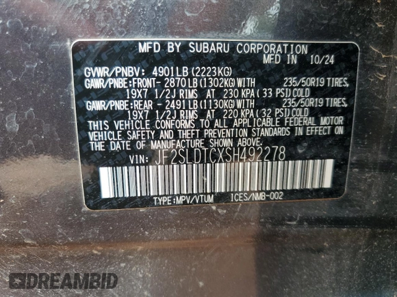 2025 Subaru Forester Touring с VIN JF2SLDTCXSH492278, выставлен на аукционе Copart как лот 59778025 с пробегом 10 447 миль миль и Списание • Salvage title. История ставок и продаж доступна на DreamBid. Изображение 13.