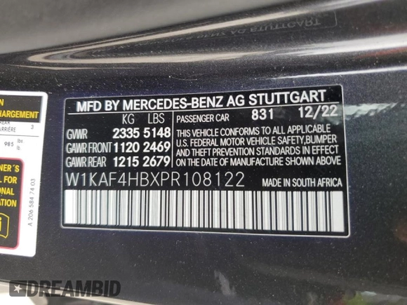 2023 Mercedes-Benz C 300 with VIN W1KAF4HBXPR108122, listed as a Copart auction lot 47091105 with 5,591 mi miles and Salvage Title. Bid and sale history available at DreamBid. Image 13.