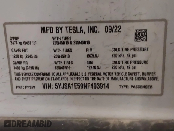 2022 Tesla Model S z VIN 5YJSA1E59NF493914, wystawiony jako IAAI lot #41626020 z przebiegiem Nie podano mil oraz . Historia ofert i sprzedaży dostępna na DreamBid. Obrazek 9.
