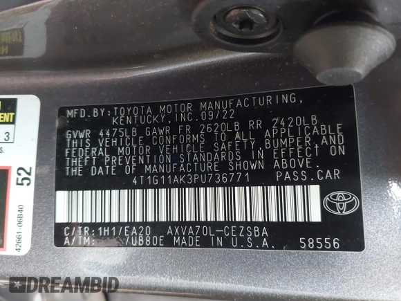 2023 Toyota Camry SE with VIN 4T1G11AK3PU736771, listed as a IAAI auction lot 41809544 with 47,343 mi miles and . Bid and sale history available at DreamBid. Image 9.