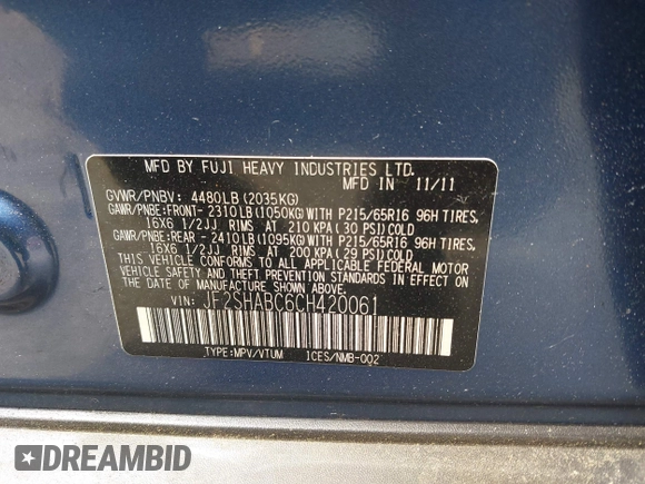 2012 Subaru Forester X with VIN JF2SHABC6CH420061, listed as a IAAI auction lot 42232249 with 159,685 mi miles and . Bid and sale history available at DreamBid. Image 9.