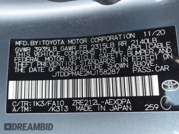 2021 Toyota Corolla L with VIN JTDDPMAE2MJ158287, listed as a IAAI auction lot 41557867 with 56,126 mi miles and . Bid and sale history available at DreamBid. Image 9.