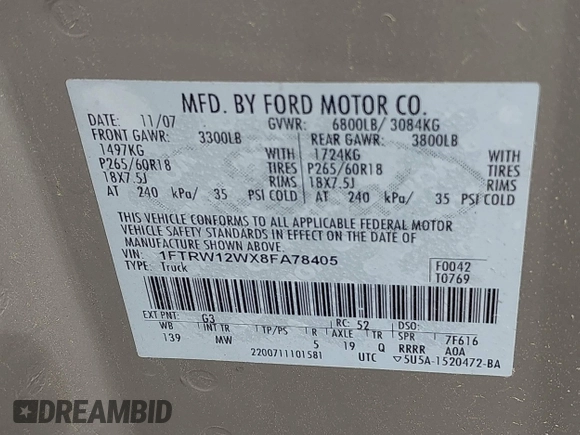 2008 Ford F-150 XL with VIN 1FTRW12WX8FA78405, listed as a IAAI auction lot 41902791 with 218,590 mi miles. Bid and sale history available at carsss.com. Image 9.