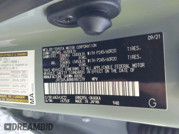 2022 Toyota 4Runner TRD Sport with VIN JTESU5JR8N5987279, listed as a IAAI auction lot 41298543 with 71,032 mi miles and . Bid and sale history available at DreamBid. Image 9.
