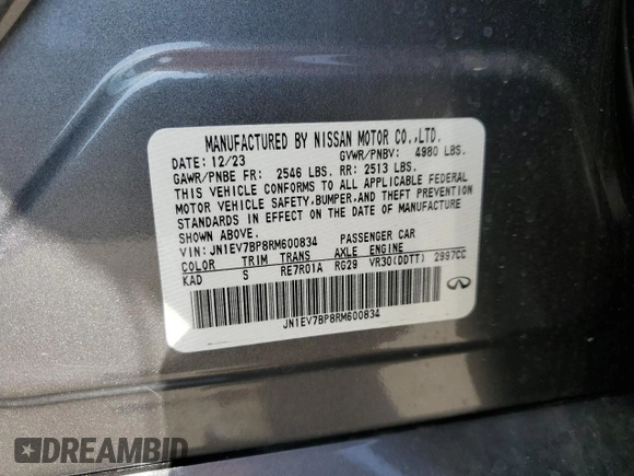 2024 Infiniti Q50 Luxe with VIN JN1EV7BP8RM600834, listed as a Copart auction lot 50489245 with 7,265 mi miles and Salvage title. Bid and sale history available at DreamBid. Image 12.