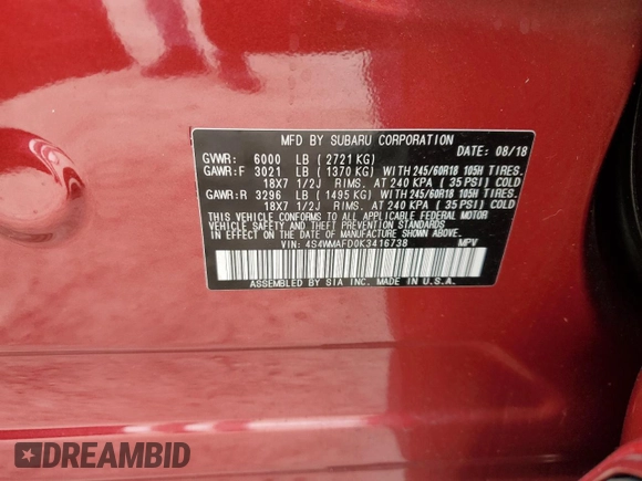 2019 Subaru Ascent Premium with VIN 4S4WMAFD0K3416738, listed as a Copart auction lot 59711005 with 12,751 mi miles and Salvage title. Bid and sale history available at DreamBid. Image 14.