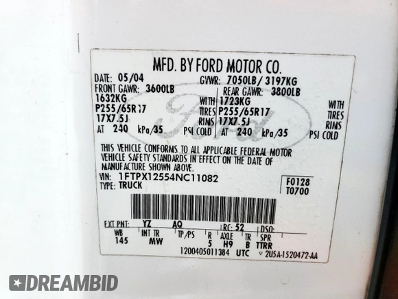 2004 Ford F-150 XL with VIN 1FTPX12554NC11082, listed as a Copart auction lot 56373895 with 191,499 mi miles and Salvage title. Bid and sale history available at DreamBid. Image 12.