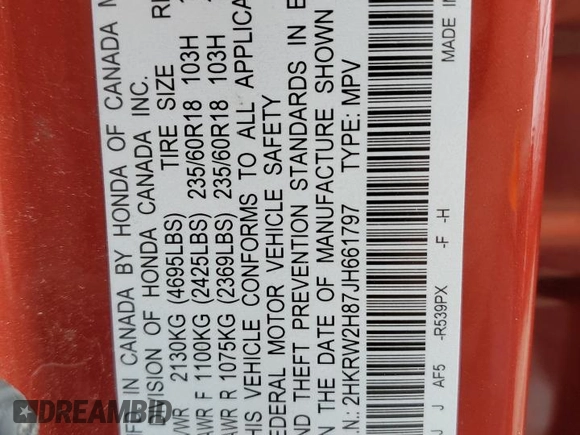 2018 Honda CR-V EX-L with VIN 2HKRW2H87JH661797, listed as a Copart auction lot 52279815 with 90,270 mi miles and Salvage Title. Bid and sale history available at carsss.com. Image 13.