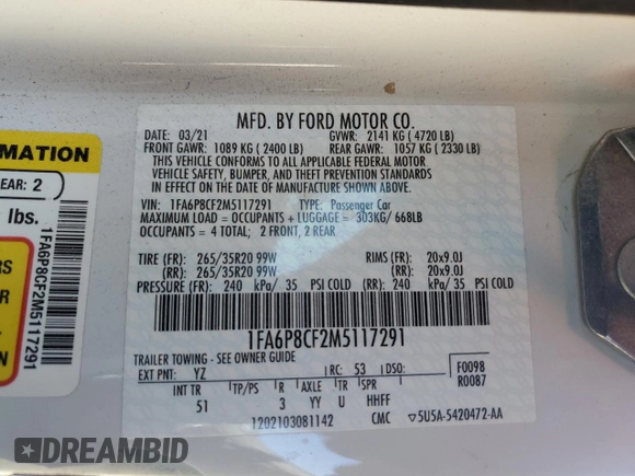 2021 Ford Mustang GT z VIN 1FA6P8CF2M5117291, wystawiony jako Copart lot #46327595 z przebiegiem Nie podano mil oraz Szkody całkowita. Historia ofert i sprzedaży dostępna na DreamBid. Obrazek 15.