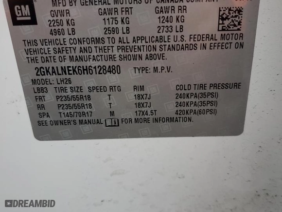 2017 GMC Terrain SLE with VIN 2GKALNEK6H6128480, listed as a Copart auction lot 85815254 with 68,588 mi miles and Salvage Title. Bid and sale history available at carsss.com. Image 13.