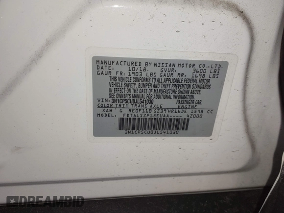 2018 Nissan Kicks S with VIN 3N1CP5CU0JL541030, listed as a IAAI auction lot 41365920 with 38,630 mi miles. Bid and sale history available at carsss.com. Image 9.