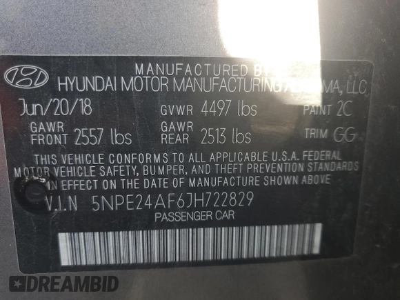 2018 Hyundai Sonata SE z VIN 5NPE24AF6JH722829, wystawiony jako Copart lot #50531125 z przebiegiem 68 920 mil mil oraz Szkoda całkowita • Salvage title. Historia ofert i sprzedaży dostępna na DreamBid. Obrazek 14.