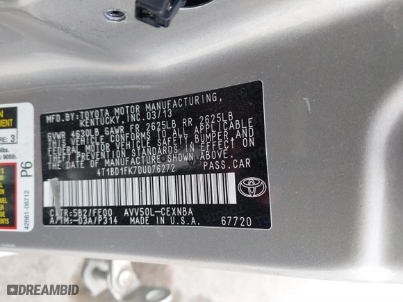 2013 Toyota Camry Hybrid LE with VIN 4T1BD1FK7DU076272, listed as a IAAI auction lot 41886449 with 147,116 mi miles. Bid and sale history available at carsss.com. Image 9.