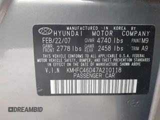 2007 Hyundai Azera GLS with VIN KMHFC46D47A210118, listed as a IAAI auction lot 42092853 with 194,800 mi miles and . Bid and sale history available at DreamBid. Image 9.