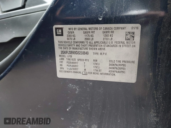 2016 GMC Terrain SLE with VIN 2GKFLSEK8G6230849, listed as a IAAI auction lot 41814603 with 69,361 mi miles. Bid and sale history available at carsss.com. Image 9.