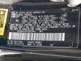 2009 Toyota Highlander z VIN JTEDS41A292082496, wystawiony jako IAAI lot #42495433 z przebiegiem 100 118 mil mil oraz . Historia ofert i sprzedaży dostępna na DreamBid. Obrazek 9.