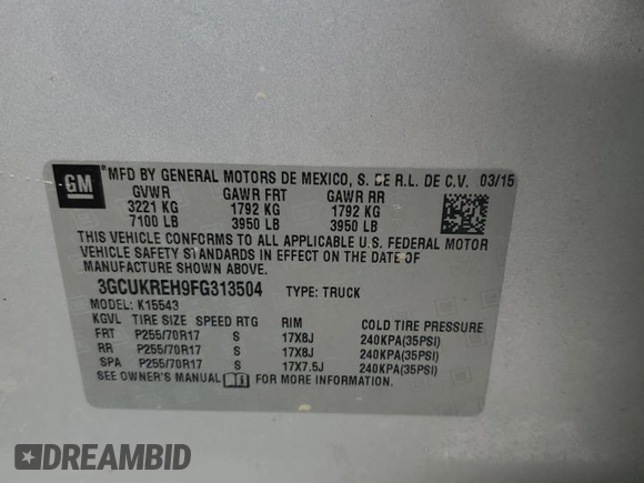 2015 Chevrolet Silverado 1500 LT with VIN 3GCUKREH9FG313504, listed as a Copart auction lot 59448974 with 172,221 mi miles and Salvage Title. Bid and sale history available at DreamBid. Image 14.
