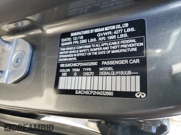 2017 Infiniti QX30 z VIN SJKCH5CP2HA032690, wystawiony jako Copart lot #51528025 z przebiegiem 79 455 mil mil oraz Szkoda całkowita • Salvage title. Historia ofert i sprzedaży dostępna na DreamBid. Obrazek 14.