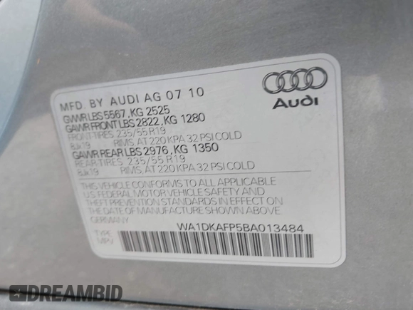 2011 Audi Q5 Premium Plus with VIN WA1DKAFP5BA013484, listed as a IAAI auction lot 42777756 with 193,930 mi miles and . Bid and sale history available at DreamBid. Image 9.