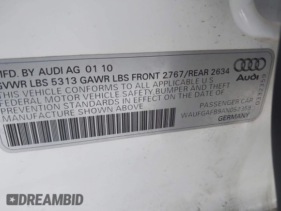 2010 Audi A6 Premium Plus with VIN WAUFGAFB9AN052359, listed as a IAAI auction lot 41861611 with 212,438 mi miles and . Bid and sale history available at DreamBid. Image 9.
