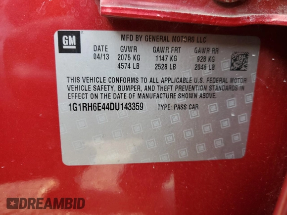 2013 Chevrolet Volt with VIN 1G1RH6E44DU143359, listed as a Copart auction lot 43482525 with 89,806 mi miles and Salvage Title. Bid and sale history available at carsss.com. Image 15.