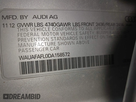 2013 Audi A4 Premium with VIN WAUAFAFL0DA158572, listed as a IAAI auction lot 41956783 with 119,166 mi miles. Bid and sale history available at carsss.com. Image 9.