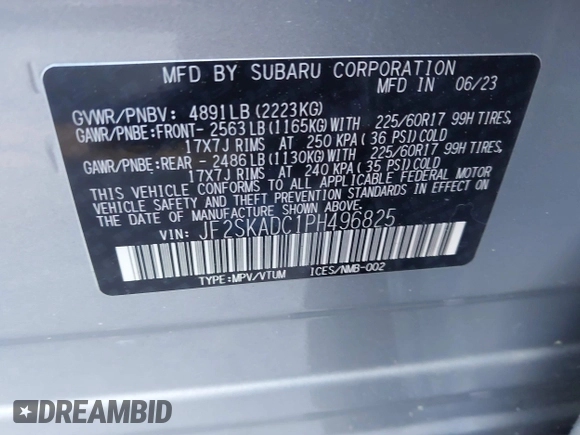 2023 Subaru Forester Premium with VIN JF2SKADC1PH496825, listed as a IAAI auction lot 41837281 with 14,064 mi miles and . Bid and sale history available at DreamBid. Image 9.