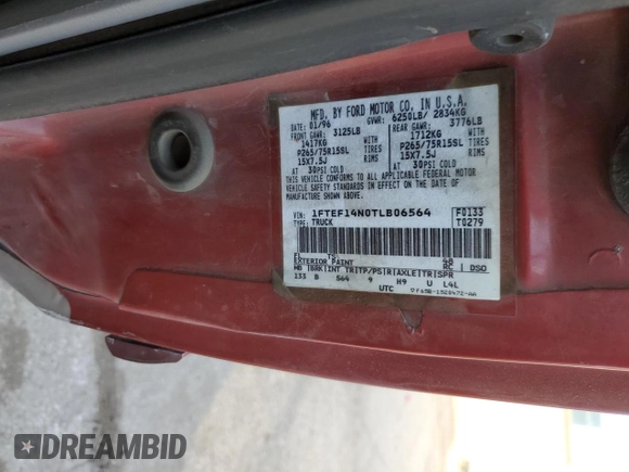1996 Ford F-150 with VIN 1FTEF14N0TLB06564, listed as a Copart auction lot 42989175 with 185,893 mi miles and Salvage title. Bid and sale history available at DreamBid. Image 14.