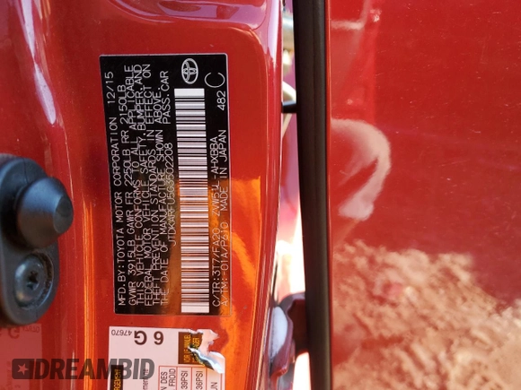 2016 Toyota Prius Four with VIN JTDKARFU5G3502208, listed as a Copart auction lot 45203845 with 135,896 mi miles and Salvage Title. Bid and sale history available at carsss.com. Image 12.