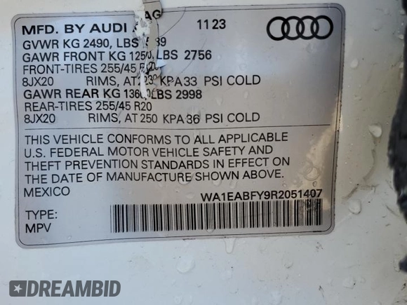 2024 Audi Q5 S line Premium Plus with VIN WA1EABFY9R2051407, listed as a Copart auction lot 52813105 with 10,212 mi miles and Salvage Title. Bid and sale history available at DreamBid. Image 13.