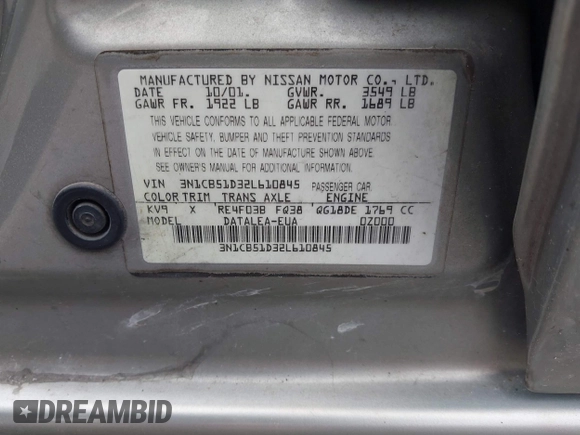 2002 Nissan Sentra GXE z VIN 3N1CB51D32L610845, wystawiony jako IAAI lot #41897848 z przebiegiem 118 472 mil mil oraz . Historia ofert i sprzedaży dostępna na DreamBid. Obrazek 9.