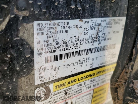 2018 Ford Expedition Max XLT with VIN 1FMJK1HT2JEA27266, listed as a Copart auction lot 49916725 with 119,485 mi miles and Salvage Title. Bid and sale history available at DreamBid. Image 14.