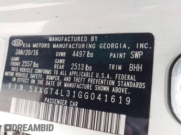 2016 Kia Optima LX with VIN 5XXGT4L31GG041619, listed as a IAAI auction lot 42603879 with 158,755 mi miles and . Bid and sale history available at DreamBid. Image 9.