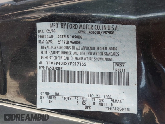 2000 Ford Mustang z VIN 1FAFP404XYF217165, wystawiony jako IAAI lot #41997215 z przebiegiem Nie podano mil oraz . Historia ofert i sprzedaży dostępna na DreamBid. Obrazek 9.