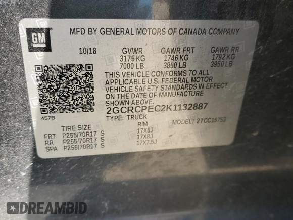 2019 Chevrolet Silverado 1500 LT with VIN 2GCRCPEC2K1132887, listed as a Copart auction lot 49436985 with 87,520 mi miles and Salvage Title. Bid and sale history available at DreamBid. Image 12.