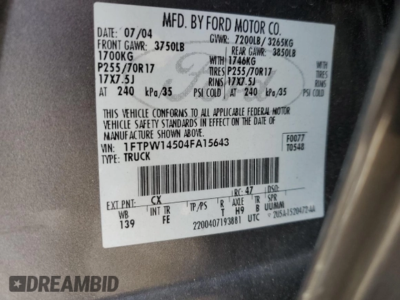 2004 Ford F-150 XLT with VIN 1FTPW14504FA15643, listed as a Copart auction lot 51164485 with 202,694 mi miles and Salvage Title. Bid and sale history available at carsss.com. Image 12.