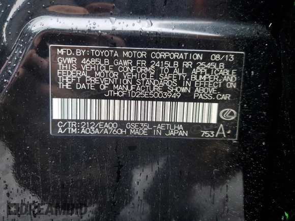 2014 Lexus IS 250 with VIN JTHCF1D25E5003949, listed as a Copart auction lot 58034355 with 132,647 mi miles and Salvage title. Bid and sale history available at DreamBid. Image 13.