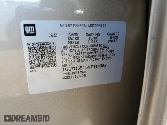 2022 Chevrolet Malibu LT with VIN 1G1ZD5ST5NF114363, listed as a Copart auction lot 49613365 with 55,432 mi miles and Salvage Title. Bid and sale history available at DreamBid. Image 12.