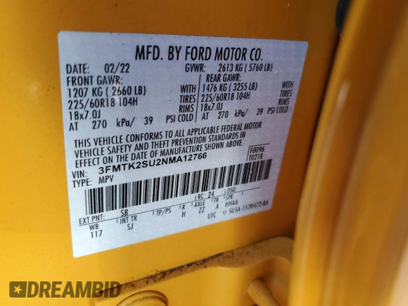 2022 Ford Mustang Mach-E California Route 1 with VIN 3FMTK2SU2NMA12766, listed as a Copart auction lot 46367135 with 22,549 mi miles and Salvage title. Bid and sale history available at DreamBid. Image 14.